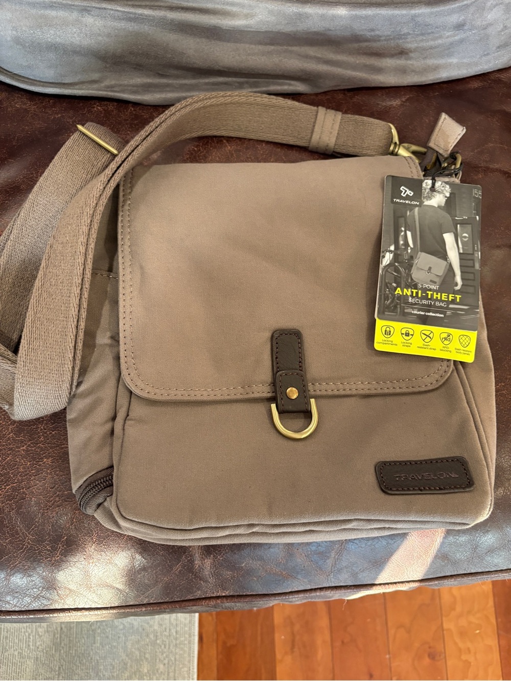 Travelon Men's Messenger Bag in Taupe with Brass Accents